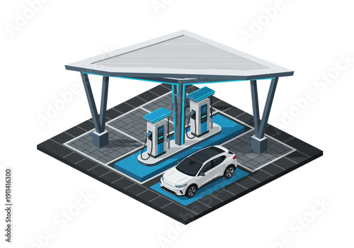 Electric vehicle charging at a modern outdoor station with a sleek car under a futuristic canopy