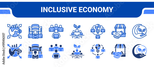 Inclusive Economy Icon Collection,  featuring Inclusivity, Social enterprise, Community, Grassroots, Collaboration, Fair trade, Sustainability.