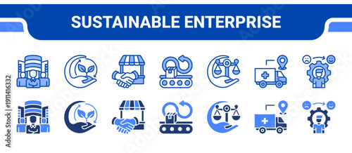 Sustainable Enterprise Icon Collection,  featuring Social enterprise, Sustainability, Fair trade, Responsible production, Ethical, Sourcing, Positive change.