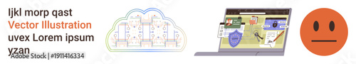 Data protection, digital security, cloud computing, cybersecurity, online safety, information technology. Illustrations of a cloud network, laptop interface and emotion. Digital security and data