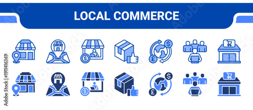 Local Commerce Icon Collection,  featuring Local market, Retailer, Merchant, Goods, Exchange, Community, Storefront.