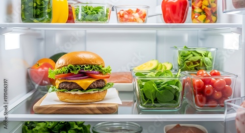 Wallpaper Mural Open fridge filled with fresh produce & burger on board. Healthy eating displayed Torontodigital.ca