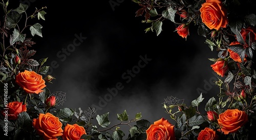 Wallpaper Mural Orange roses and dark greenery frame a smoky black background Torontodigital.ca