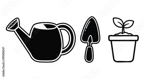 Gardening Tools and Plant Icon Set.