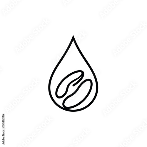 Coffee bean drop logo icon, simple line art, minimalism, abstract concept.