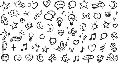 Hand-drawn icons in minimalist style with black line art on white background for graphic design