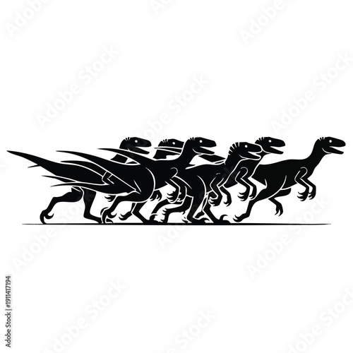 Group of Velociraptors Running in Silhouette.