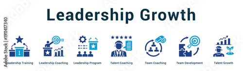 Leadership Growth  Modern and clean web banner illustration vector featuring thematic icons