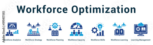 Workforce Optimization  Modern and clean web banner illustration vector featuring thematic icons