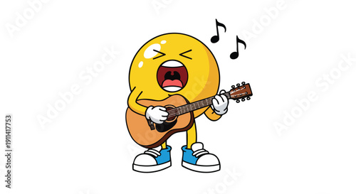 Happy yellow emoji character playing acoustic guitar with musical notes.