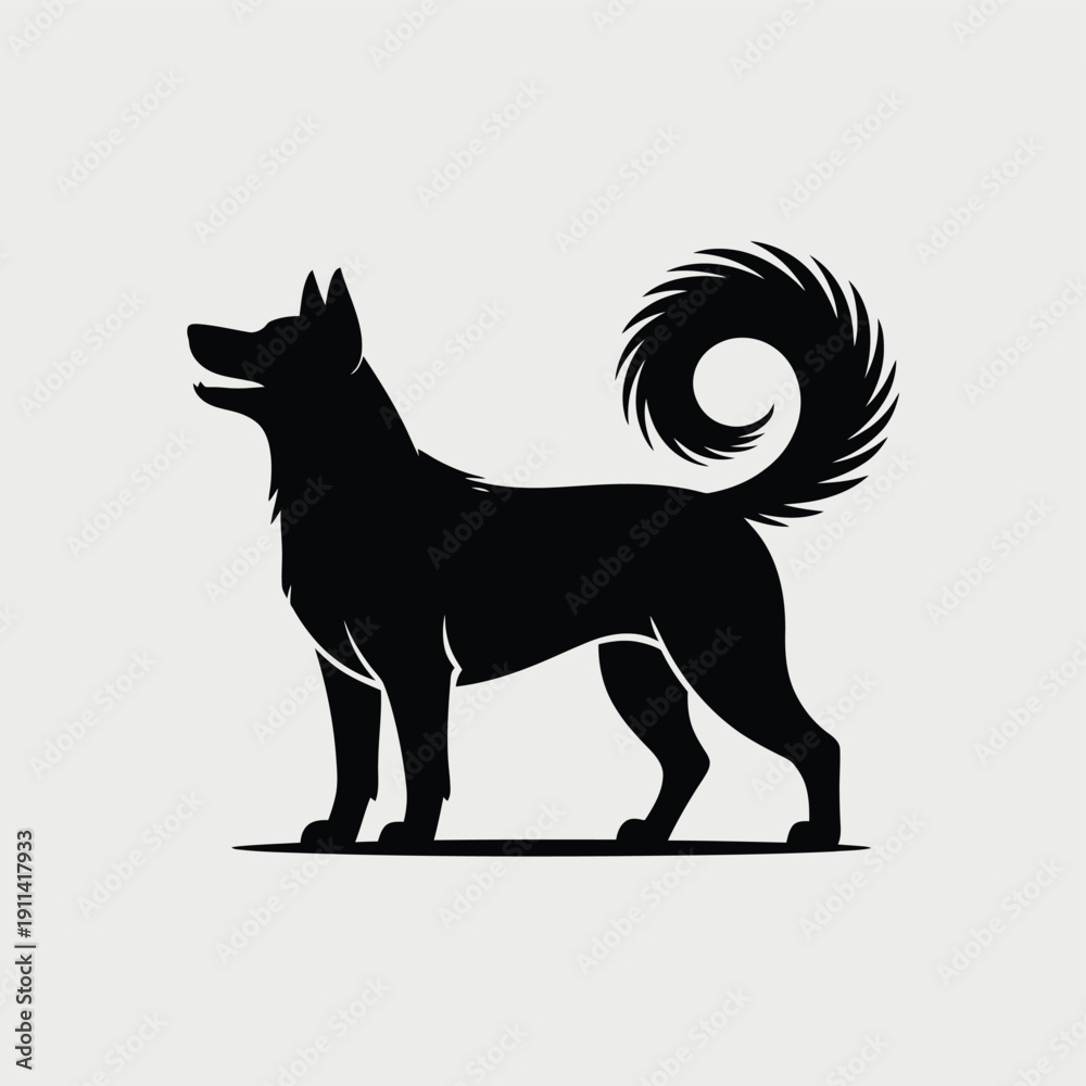 Fototapeta premium Black Silhouette of a Dog with Curly Tail Standing on White Background d