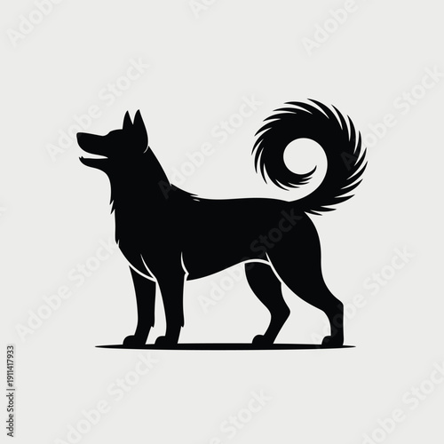 Black Silhouette of a Dog with Curly Tail Standing on White Background d