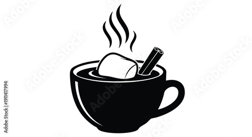 Hot Chocolate with Marshmallow and Cinnamon Stick.