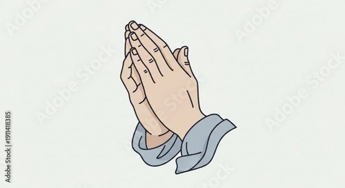 Praying hands in prayer gesture with clasped fingers and bent wrists in a calm and serene illustration