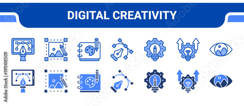 Digital Creativity Icon Collection,  featuring Digital art, Image editing, Vector illustration, Graphic design, Creative process, Concept, Composition.