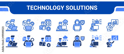 Technology Solutions Icon Collection,  featuring Coding, Software development, Database management, Cloud computing, Cybersecurity, Network security, Technical writing.