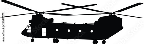 Vector illustration of tandem rotor helicopter silhouette—symbols for aviation, military transport, heavy lift aircraft, defense operations, cargo movement, and battlefield resupply representation