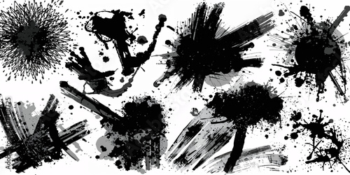 A dirty black ink splat grunge background featuring a vector paint splatter texture with spray drips, brush blots, and a graffiti-style liquid stain element for an artistic silhouette design