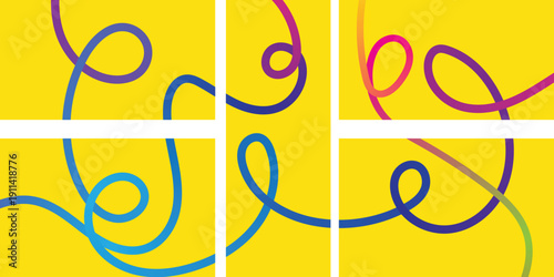 Vibrant colored swirls on yellow background divided by white lines