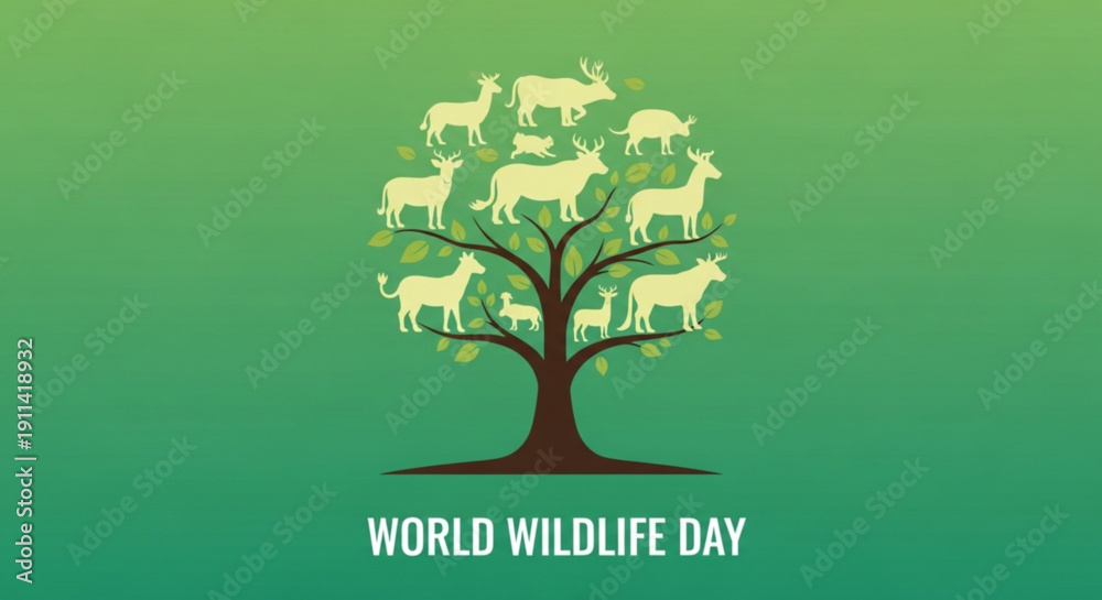 Obraz premium World wildlife day illustration with deer on tree green background conservation concept