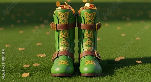 Lucky Green Boots with Gold Coins on Grassy Field, St. Patrick's Day Concept