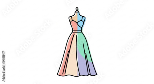 Vibrant multicolor dress on mannequin fashion illustration colorful gown with pastel hues stylish outfit