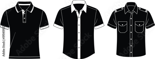 Men's, shirt, collection, polo, button-down, uniform, short-sleeve, apparel, fashion, design, vector, illustration, flat, template, isolated, white, background, clothing, set, mockup