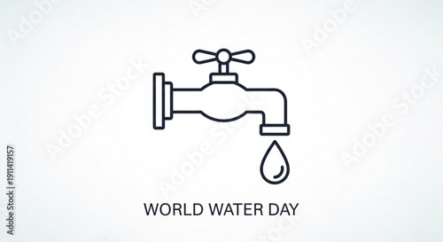 World water day faucet icon with single drop falling symbolizing water conservation and awareness on a white background