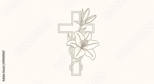 Elegant line art cross with intertwined flowers and leaves on white background for spiritual or religious designs