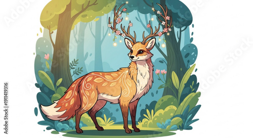 Whimsical deer with antlers and floral details standing in a lush forest clearing with vibrant greenery and soft lighting