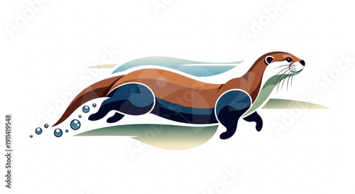 Brown otter swimming fast in water with bubbles dynamic illustration