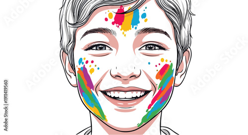 Joyful young boy with colorful paint splatters on his face celebrating Holi.