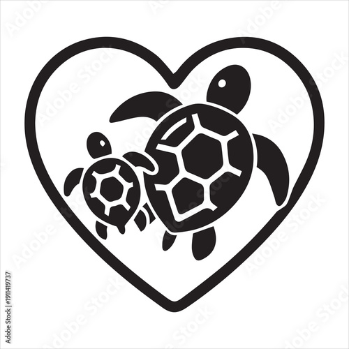 Silhouette of two turtles inside a heart shape in a simple black design