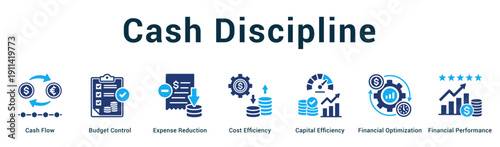 Cash Discipline  Modern and clean web banner illustration vector featuring thematic icons