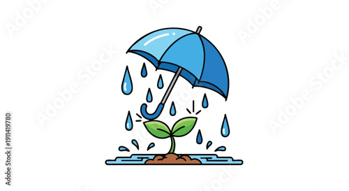 Little plant protected by umbrella during rain.