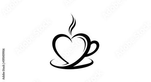 Heart Coffee Cup Logo Design, Love Coffee, Cafe Symbol, Black and White