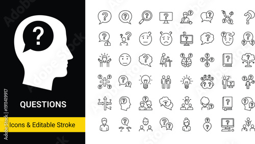 Large collection of professional questions and problem solving icons in a black and white cad drawing flat vector illustration for office