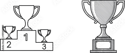 Victory podium with first second and third place trophies alongside a detailed engraved championship silver cup prize illustration