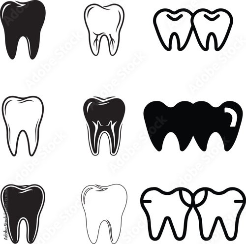 Dental tooth icons collection showing different molar shapes and anatomy for dentistry services and oral hygiene representation