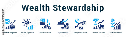 Wealth Stewardship  Modern and clean web banner illustration vector featuring thematic icons