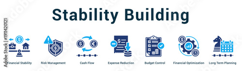 Stability Building  Modern and clean web banner illustration vector featuring thematic icons
