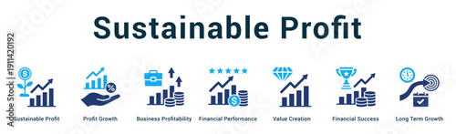 Sustainable Profit  Modern and clean web banner illustration vector featuring thematic icons