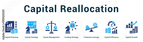 Capital Reallocation  Modern and clean web banner illustration vector featuring thematic icons