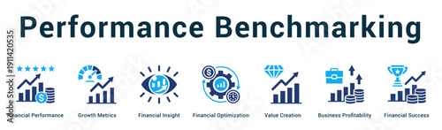 Performance Benchmarking  Modern and clean web banner illustration vector featuring thematic icons