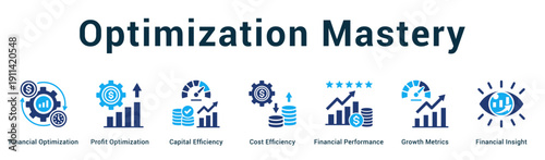 Optimization Mastery  Modern and clean web banner illustration vector featuring thematic icons