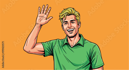 Man waving hello with a friendly smile and blonde hair.