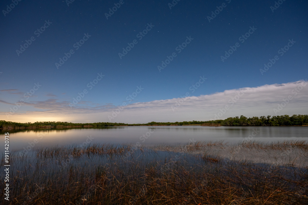 Fototapeta premium Nine Mile Pond in Everglades National Park, Florida brightly illuminated by light of full moon with light pollution on horizon.