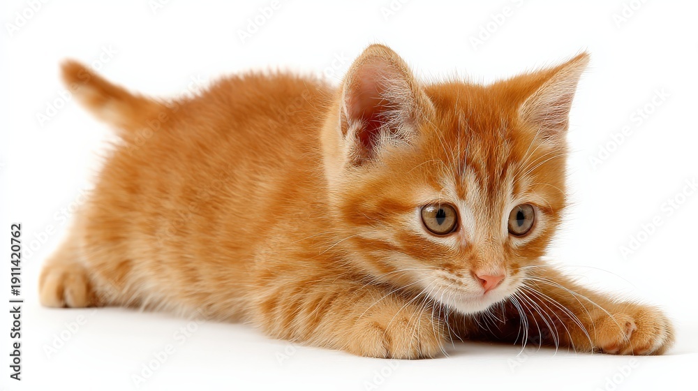 Obraz premium A curious orange tabby kitten crouches on a white background, ready to pounce or play.