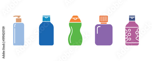 Here’s a vibrant set of shampoo bottle icons in a trendy flat style, just right for your web design, logo, app, or UI. Vector illustration.
