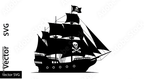 Black Pirate Ship Silhouette with Jolly Roger Flag and Skull Emblem
